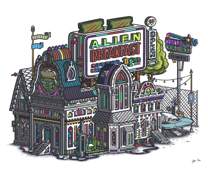 Javier Arrés. Alien breakfast. Digital Art. Galería NFTManía 