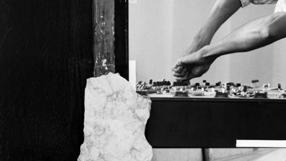 Container ship hull and steel rails in Abu Dhabi ports (2017), Tarek Atoui hands during I/ E performance at the Louvre, Paris (2013), marble stones © Alexandre Guirkinger