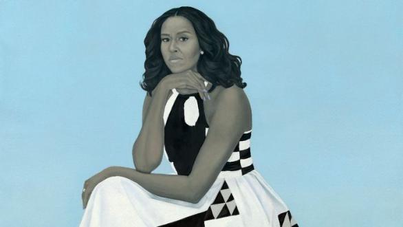 Amy Sherald, Michelle LaVaughn Robinson Obama, 2018. Oil on linen, National Portrait Gallery, Smithsonian Institution. The National Portrait Gallery is grateful to the following lead donors for their support of the Obama portraits: Kate Capshaw and Steven Spielberg; Judith Kern and Kent Whealy; Tommie L. Pegues and Donald A. Capoccia. Courtesy of the Smithsonian’s National Portrait Gallery.
